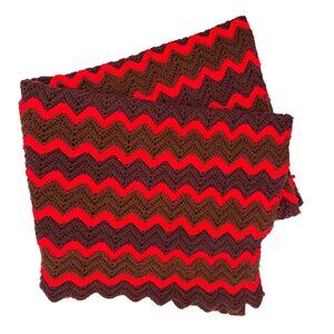 VTG HNDMADE CROCHET KNIT AFGHAN BLANKET CHEVRON BOHO GRANNY CORE RED BROWN 45X34